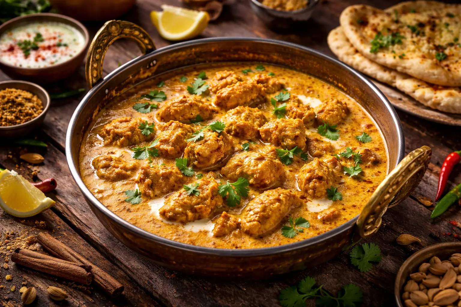 Autentisk indisk Chicken Korma med cashewpasta, hela kryddor och färsk koriander