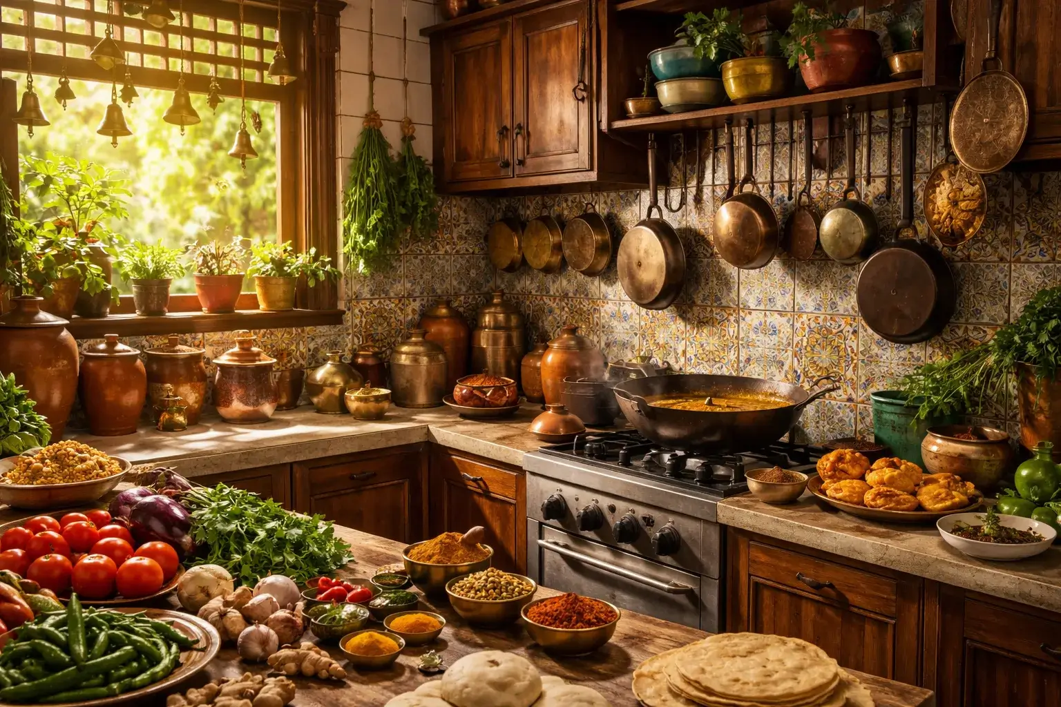 Indisk restaurang med tandoor-ugn, kryddor och traditionell inredning