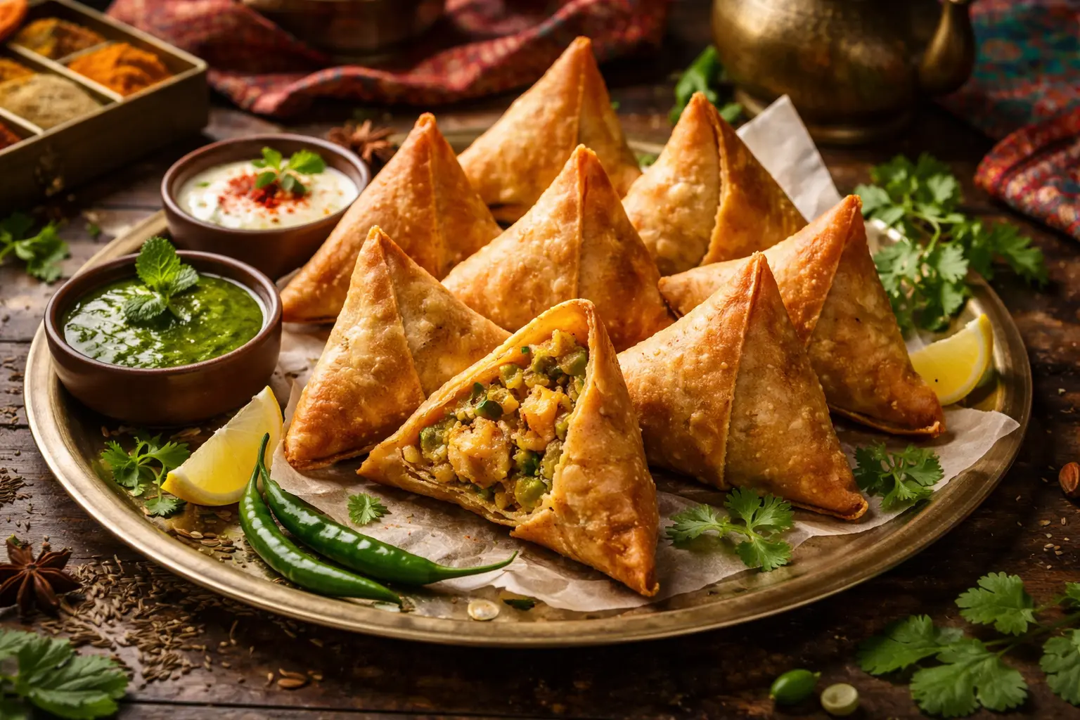 Krispiga indiska samosas med potatismos och ärtor, serverade med tamarind- och myntasås