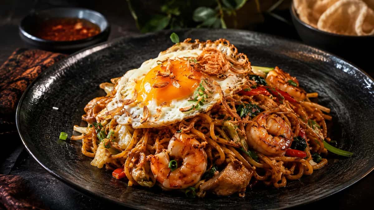Äkta indonesisk Mie Goreng med kecap manis, stekt ägg och böngroddar