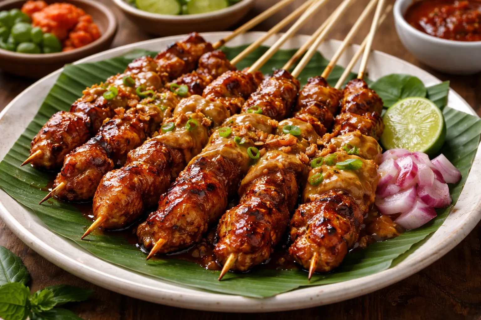 Äkta indonesisk Sate Ayam med kecap manis-marinad, jordnötssås och limeklyftor