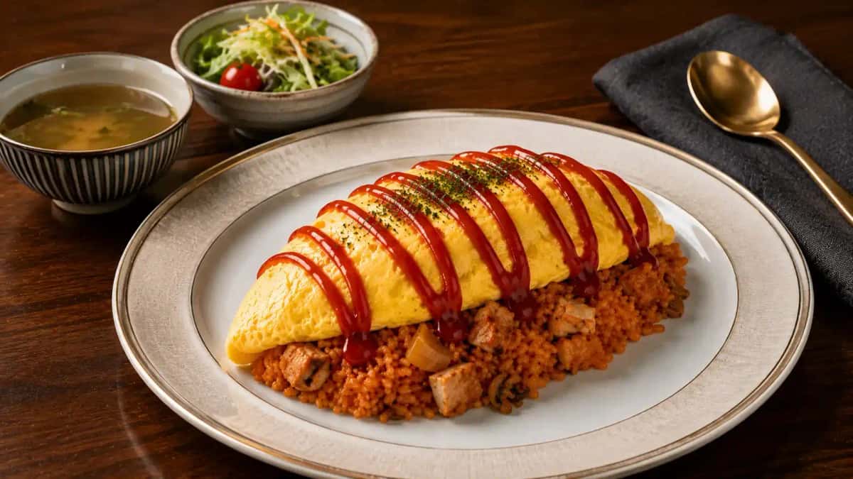 Autentisk japansk omurice med krämig omelett över ketchupstekt kycklingris, toppad med sicksack av ketchup