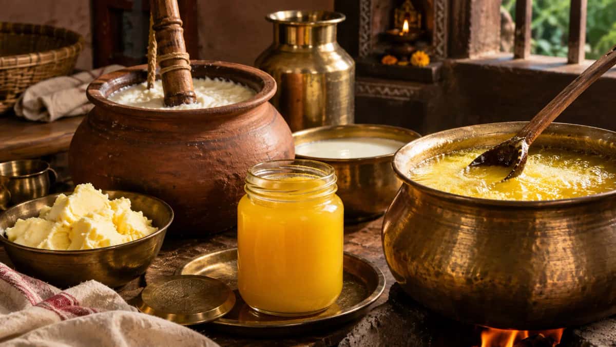 Ghee i glasburk, gyllengult klarat smör med nötig arom bredvid en sked och en bit smör