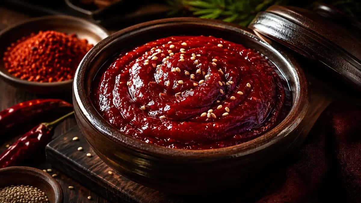 Hemgjord koreansk gochujang i lerkruka, djupröd och blank med rik chiliarom
