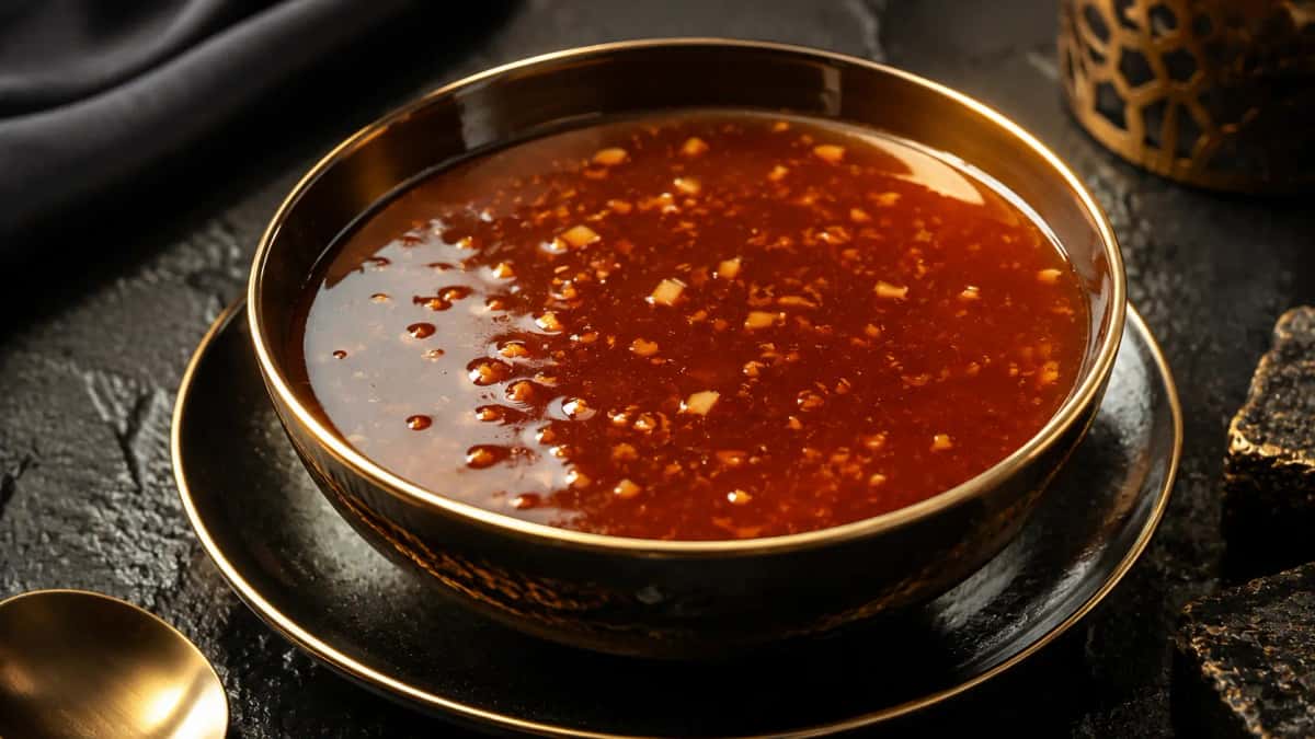 Hemgjord kantonesisk sötsur sås i skål, blank och glansig med frisk syra och lätt sötma